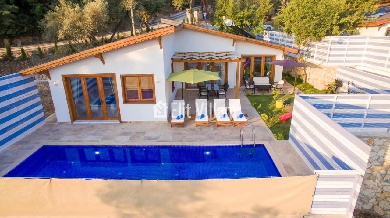 Aerial view of entire villa with private pool, pool house, and manicured garden.
