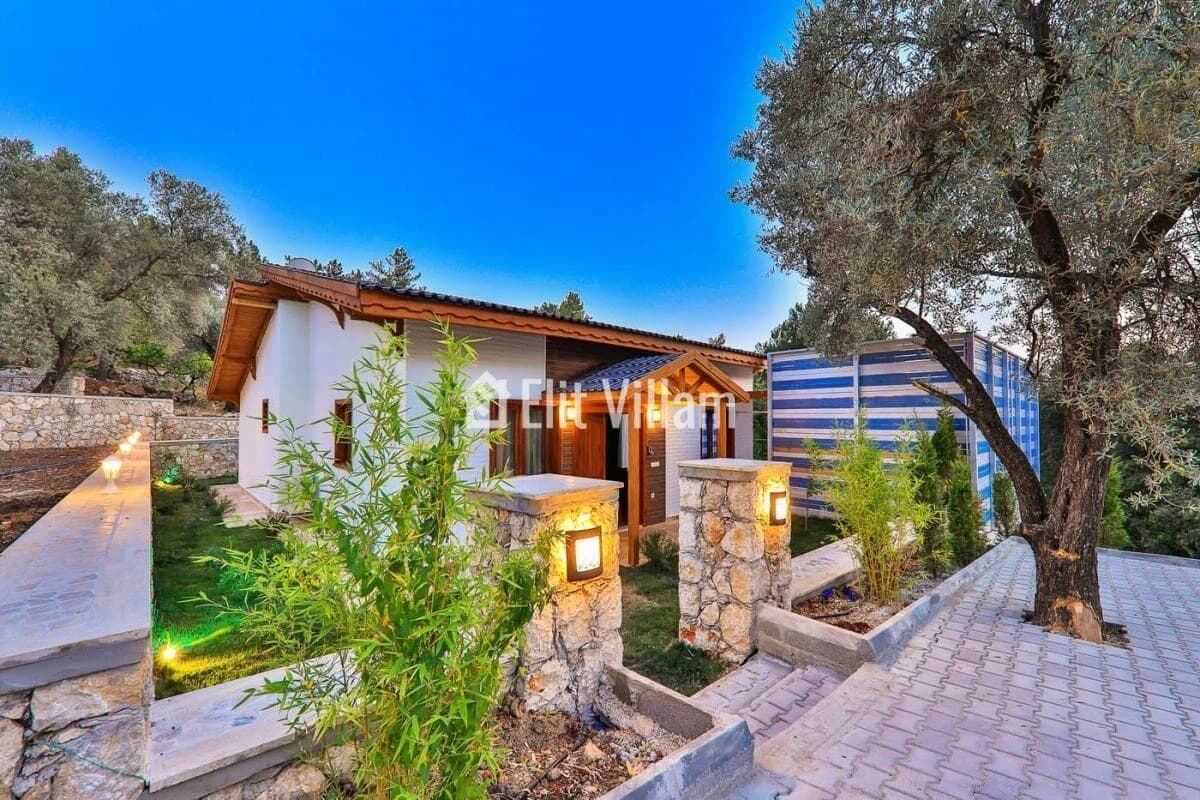 Modern villa exterior with Mediterranean architecture, garden, and olive trees.