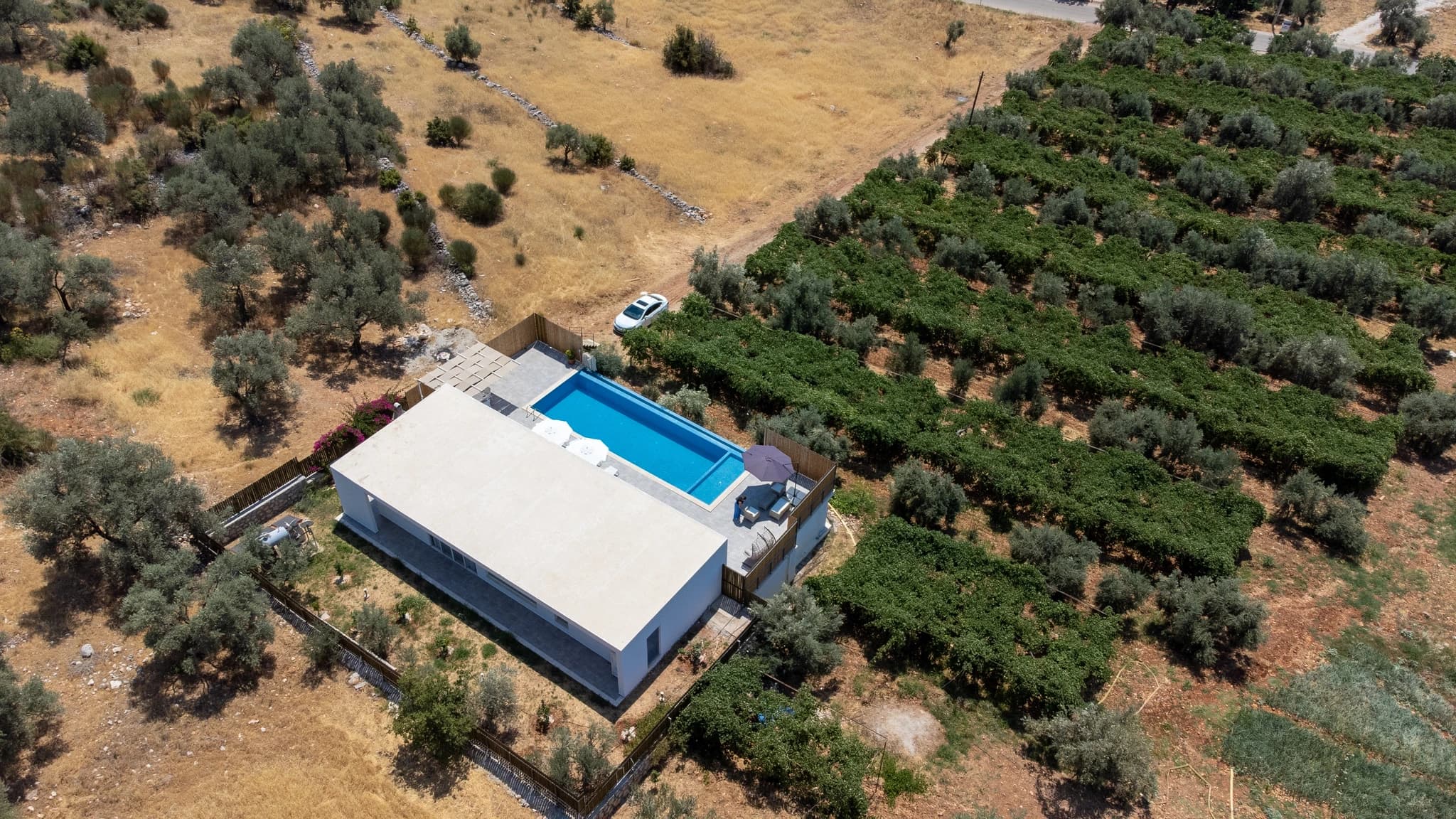 Kalkan Yakınında Sonsuzluk Havuzlu ve Dağ Manzaralı, Korunaklı 2 Yatak Odalı Villa – Aerial view of the contemporary villa with blue pool nestled in olive groves.